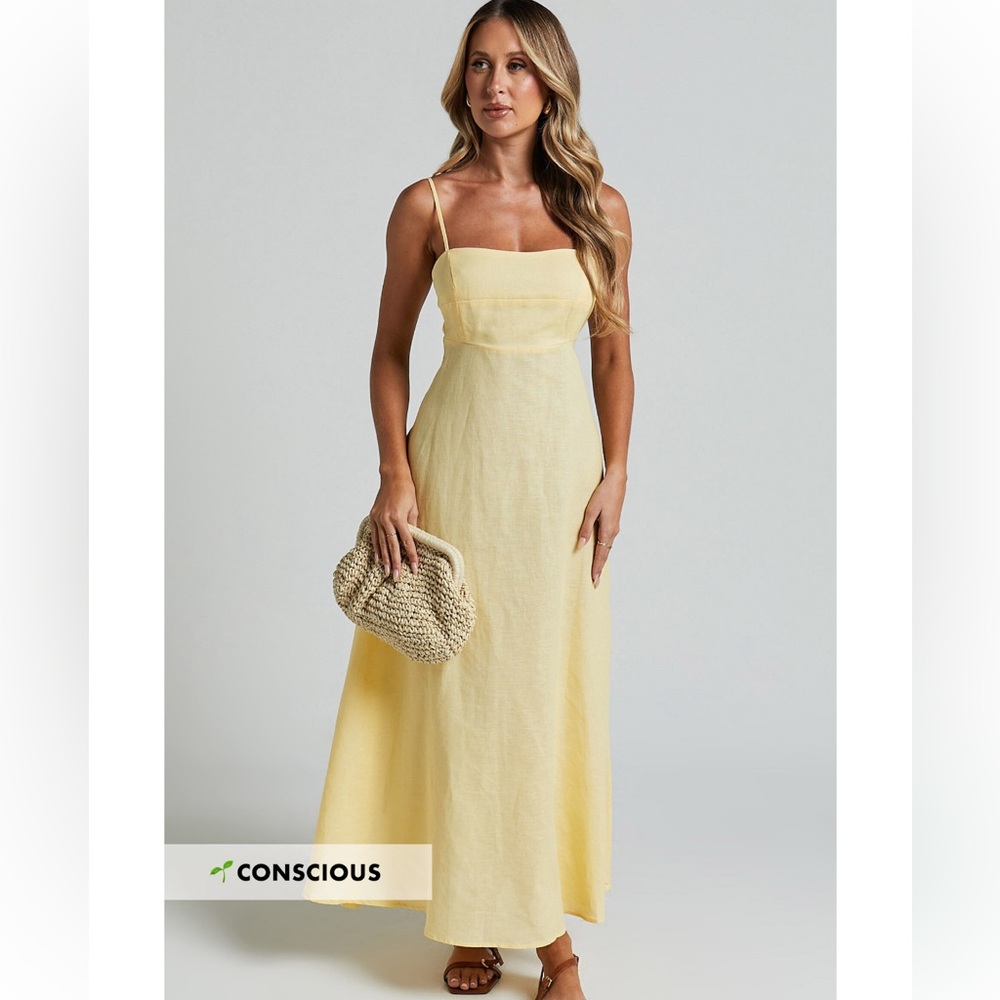 Showpo BRETTE MIDI DRESS - LINEN STRAIGHT NECK FIT AND FLARE DRESS IN LEMON